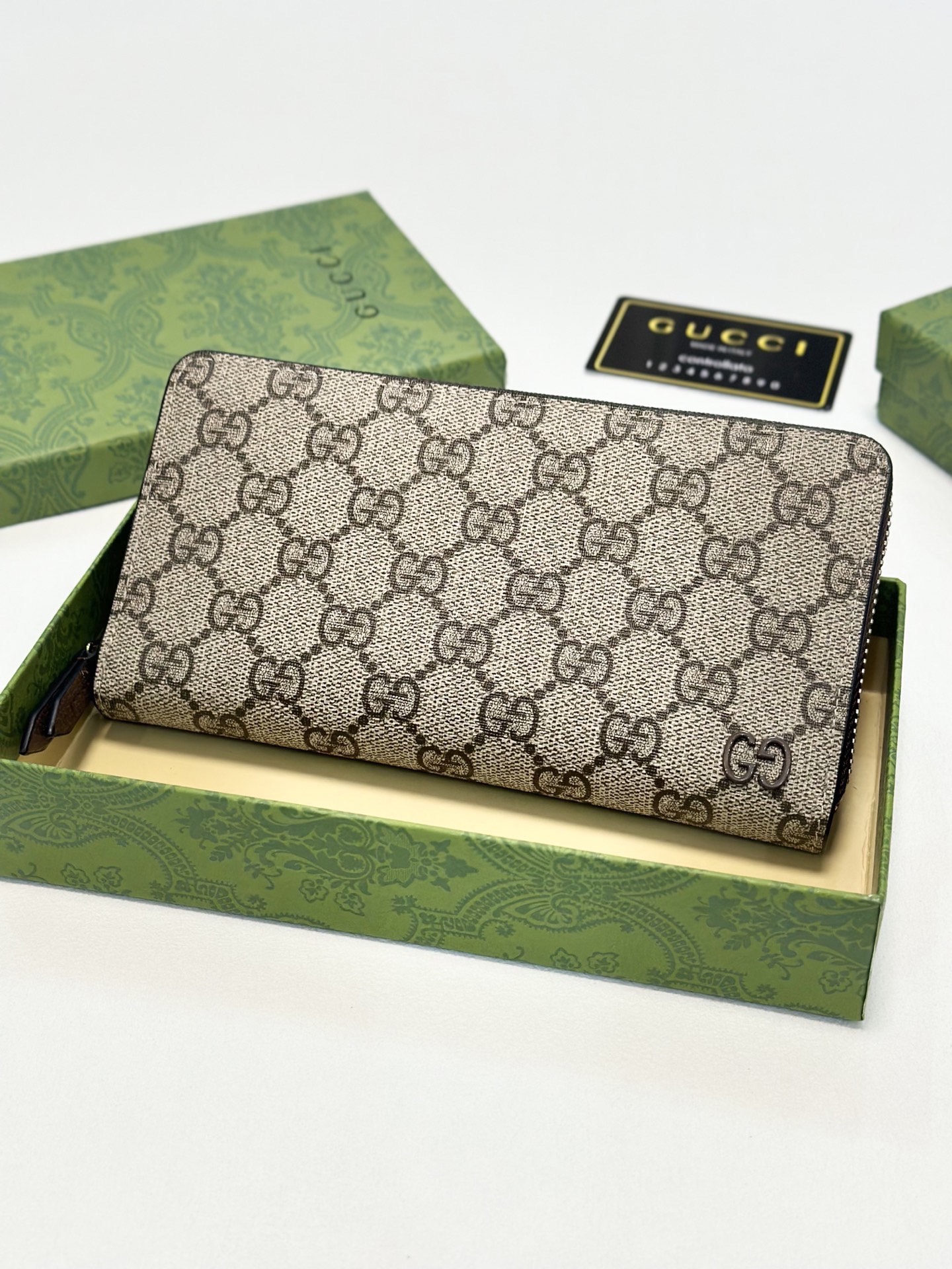 GUCCI グッチ オイルカーフ革 ロングジップ財布 ブルー グレー カーキ 全3色 - 画像 6