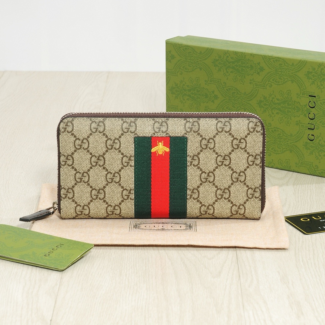 GUCCI グッチ 蜜蜂PVC ロングジップ長財布 レディース 単一フード付き 21x11cm ベージュ