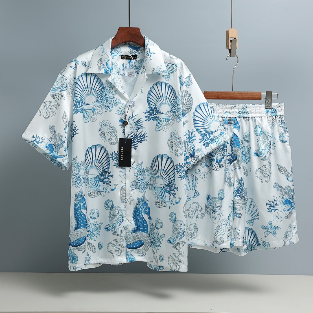 VERSACE/バレンシアガ シャツパンツセット メンズ シルク調 洋風柄 藍白 2点セット