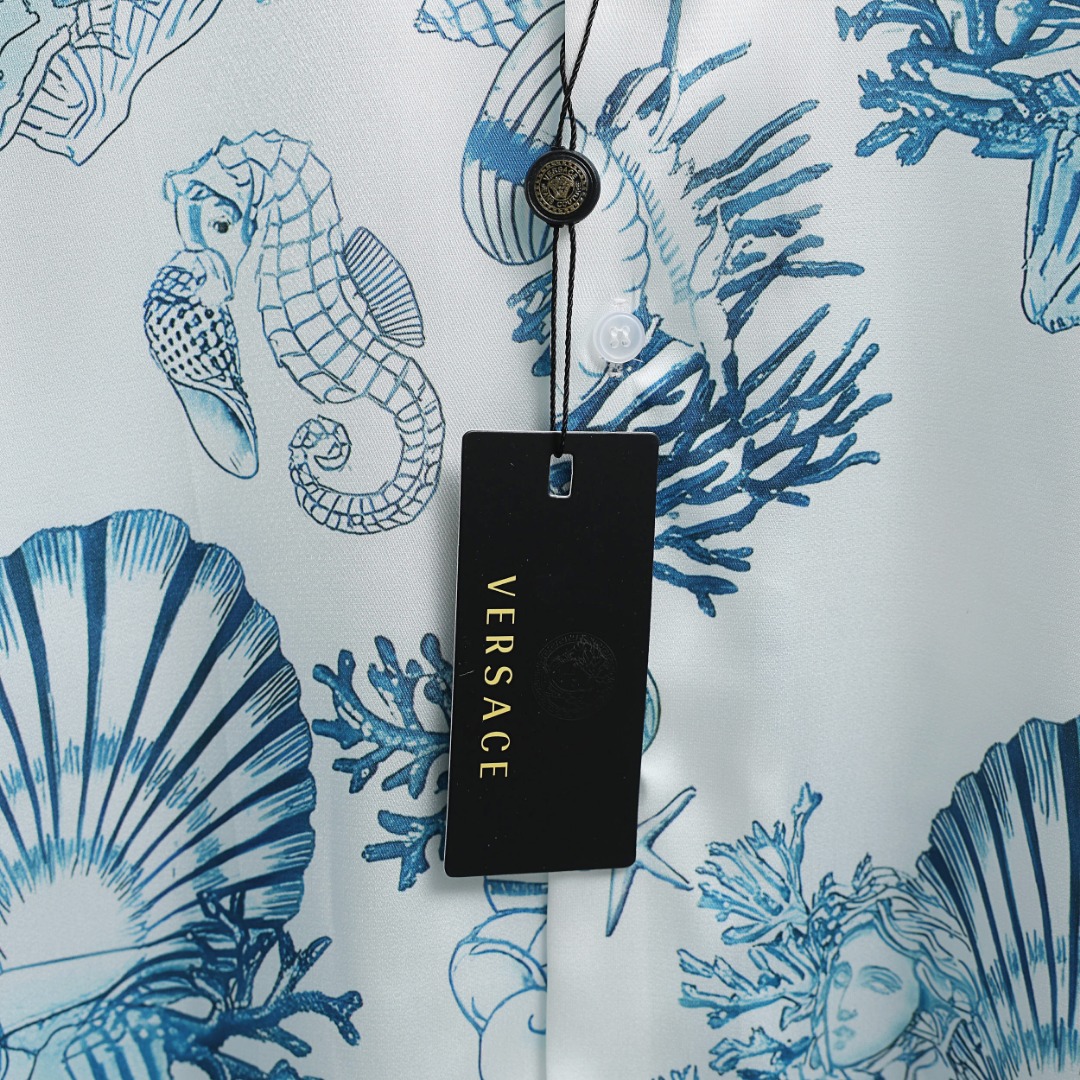 VERSACE/バレンシアガ シャツパンツセット メンズ シルク調 洋風柄 藍白 2点セット - 画像 4