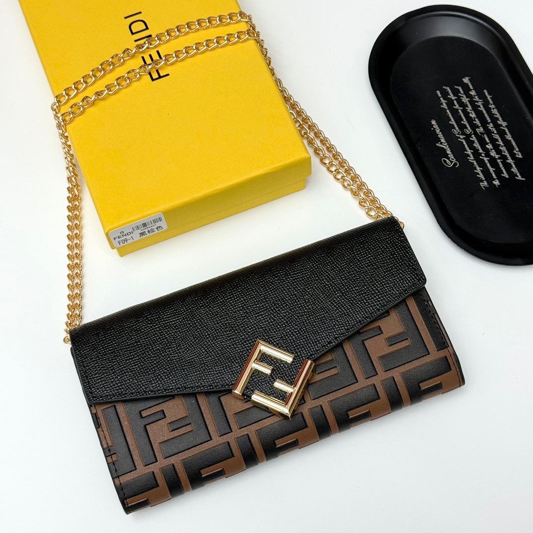 FENDI バッグ コピー ミニショルダーバッグ チェーン付き ロゴ柄 黒棕 - 画像 9