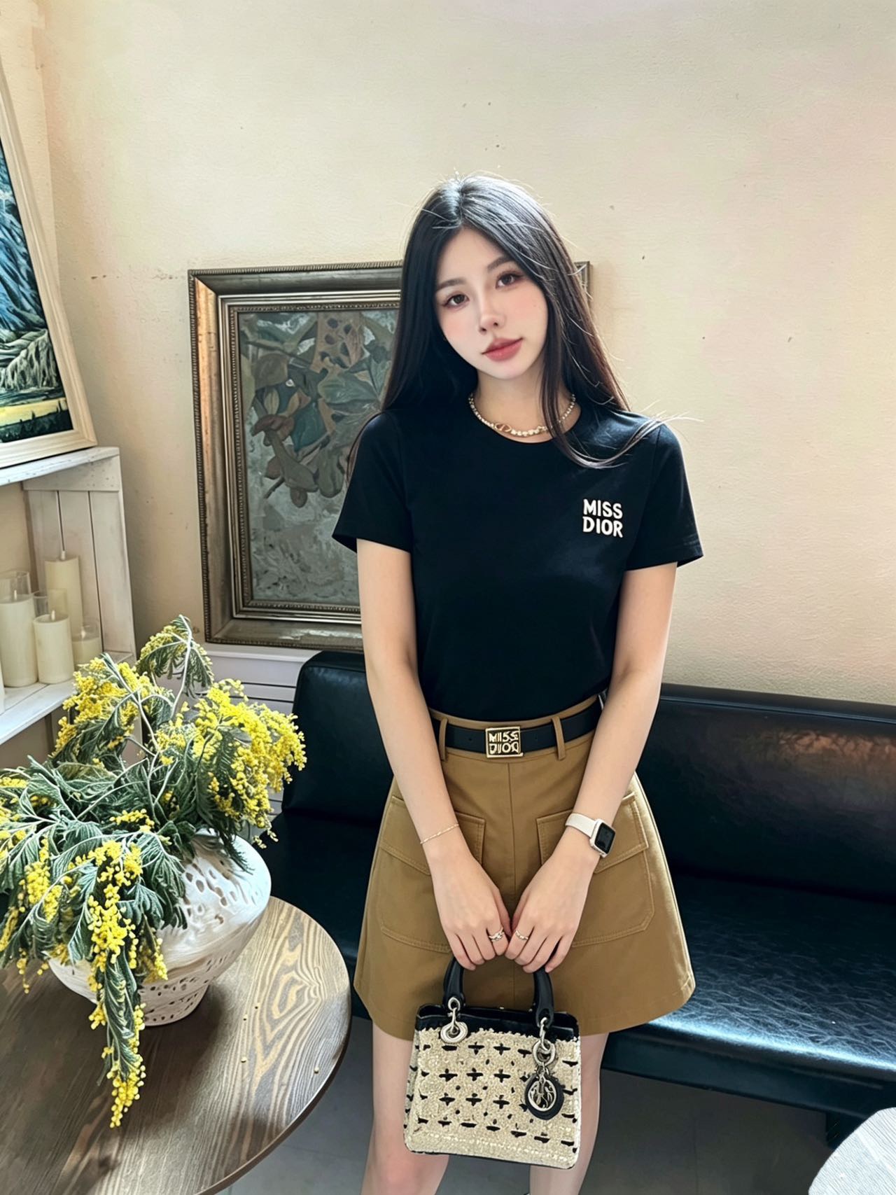 Dior ロゴ刺繍 半袖Tシャツ ベルト付きポケットスカート セット 白黒 黒咖