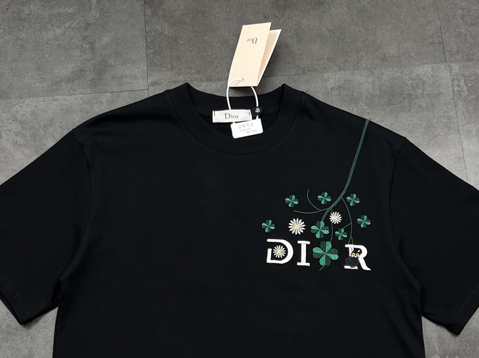 Dior Tシャツ コピー 四葉草刺繍 ディオール ブランドTシャツ ロゴ メンズ レディース 黒 - 画像 4