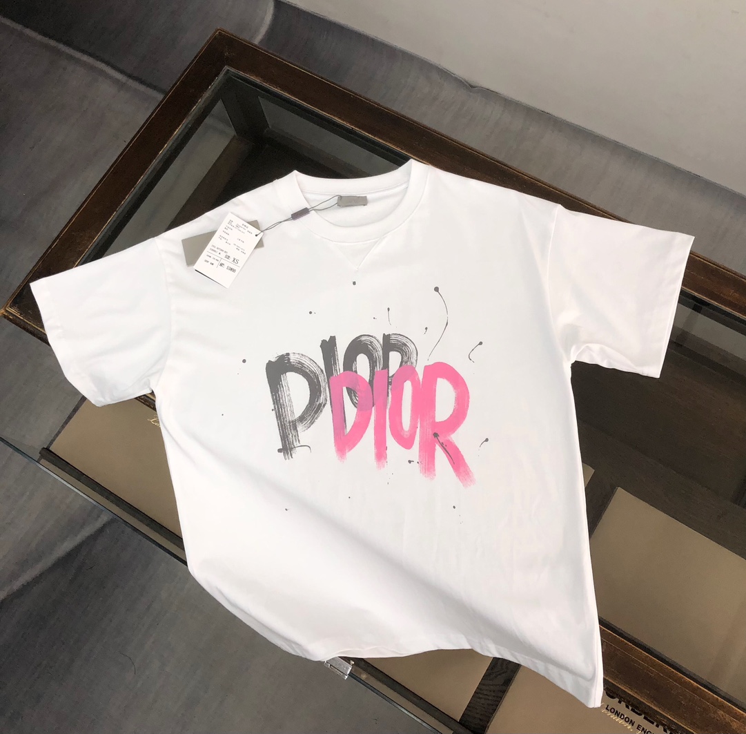 Dior コピー Tシャツ ロゴデザイン メンズ レディース 男女兼用 白 黒 240g高密度コットン