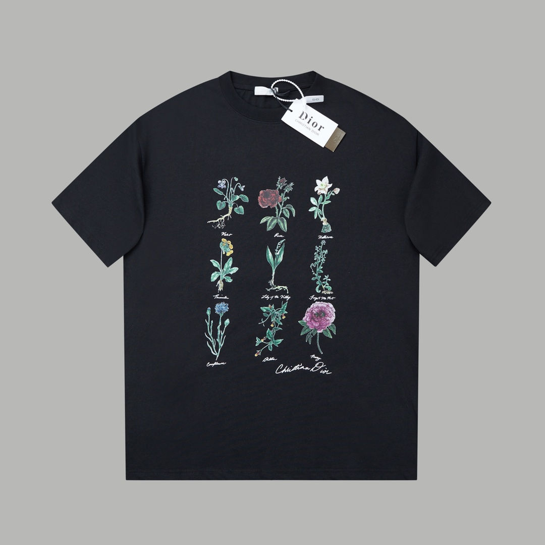 Dior コピー Tシャツ 植物標本柄 ロゴプリント 黒 男女兼用 メンズ レディース