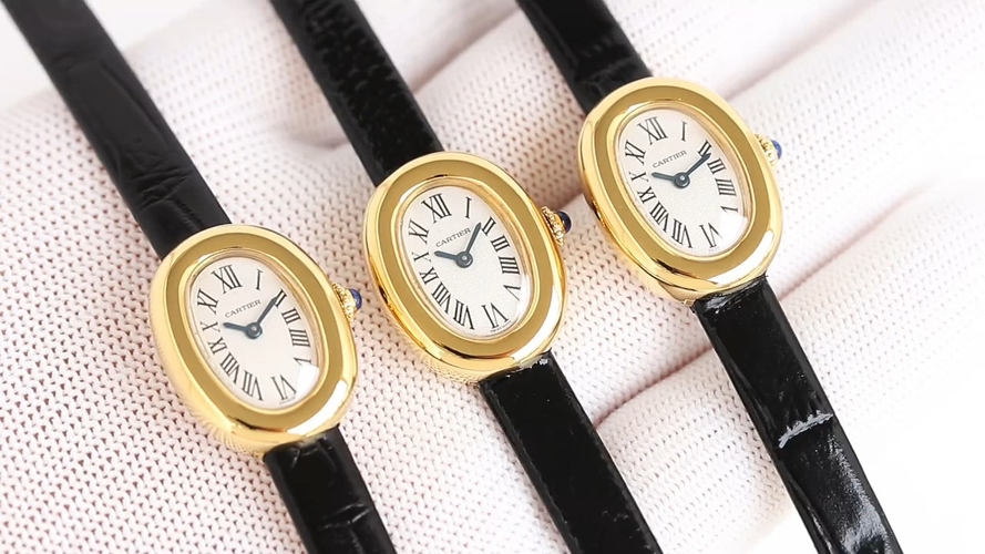 Cartier カルティエ コピー ミニバニヨール 時計 レディース ミニ 24.6mm イエロー金 ブラック ラウンド型 ローマ数字 シャープなデザイン