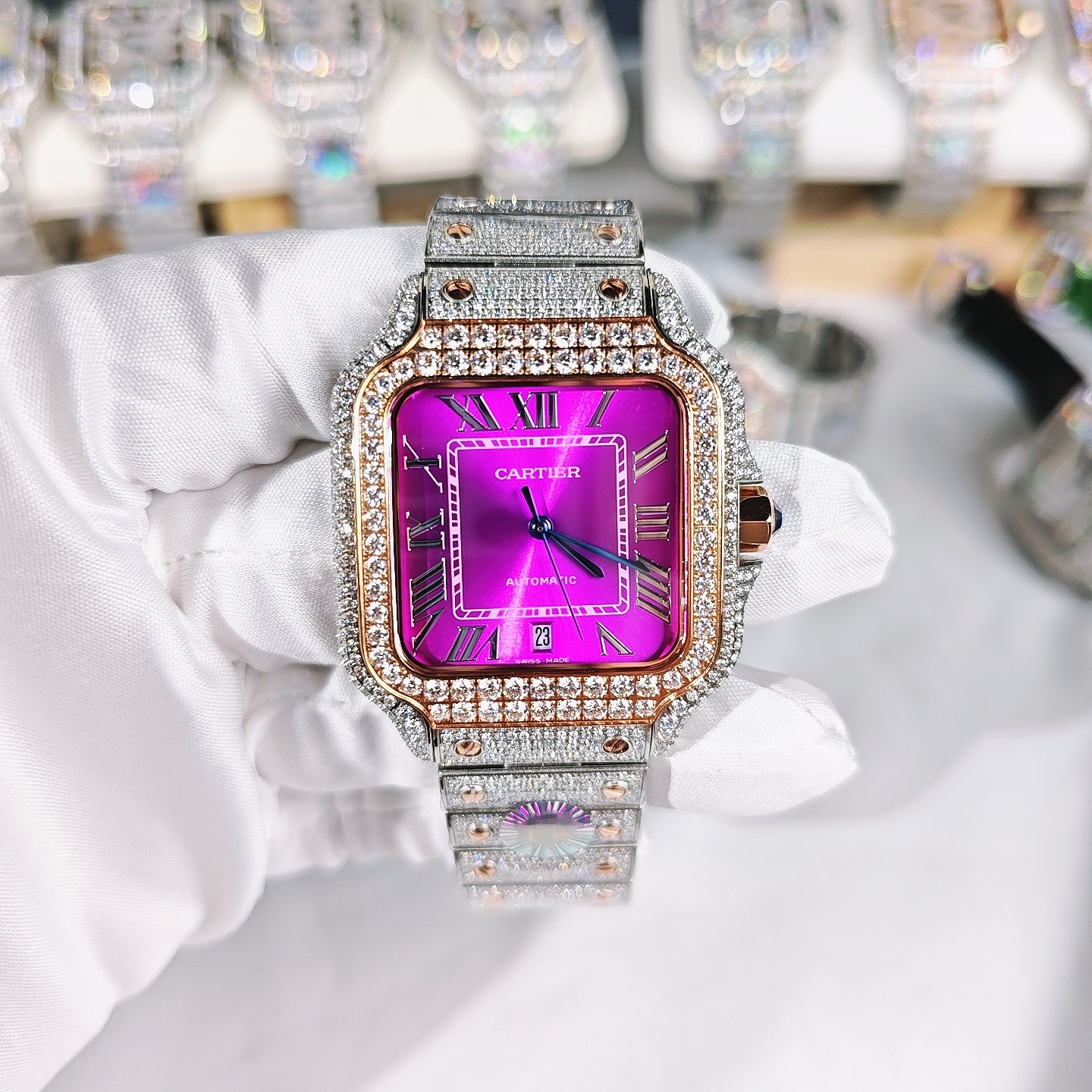 Cartier カルティエ 時計 コピー メンズ フルダイヤ ピンク文字盤 ローズゴールド メッシュバンド