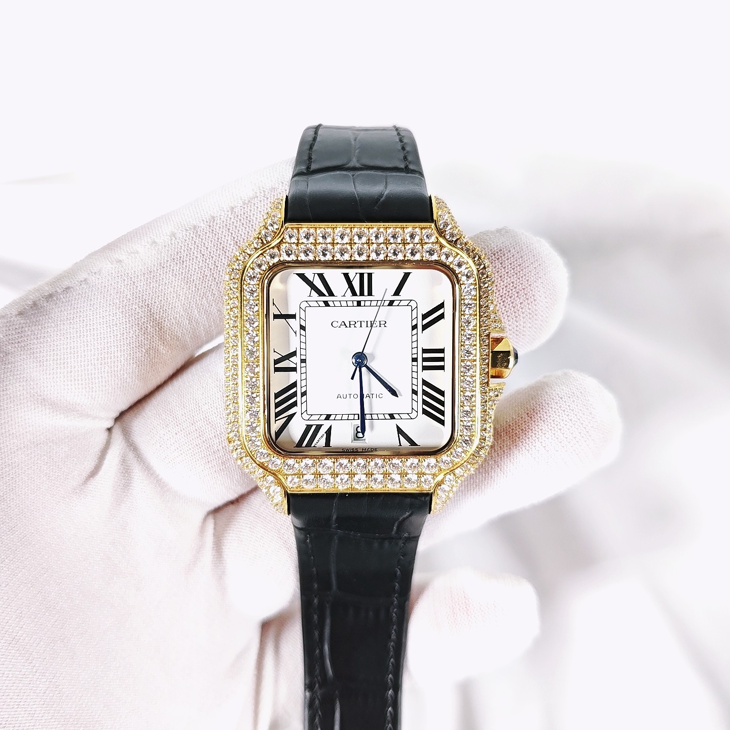 カーティエ コピー 時計 サントス ドゥ カルティエ 滿天星 メンズ ブラック レザー ベルト 40mm