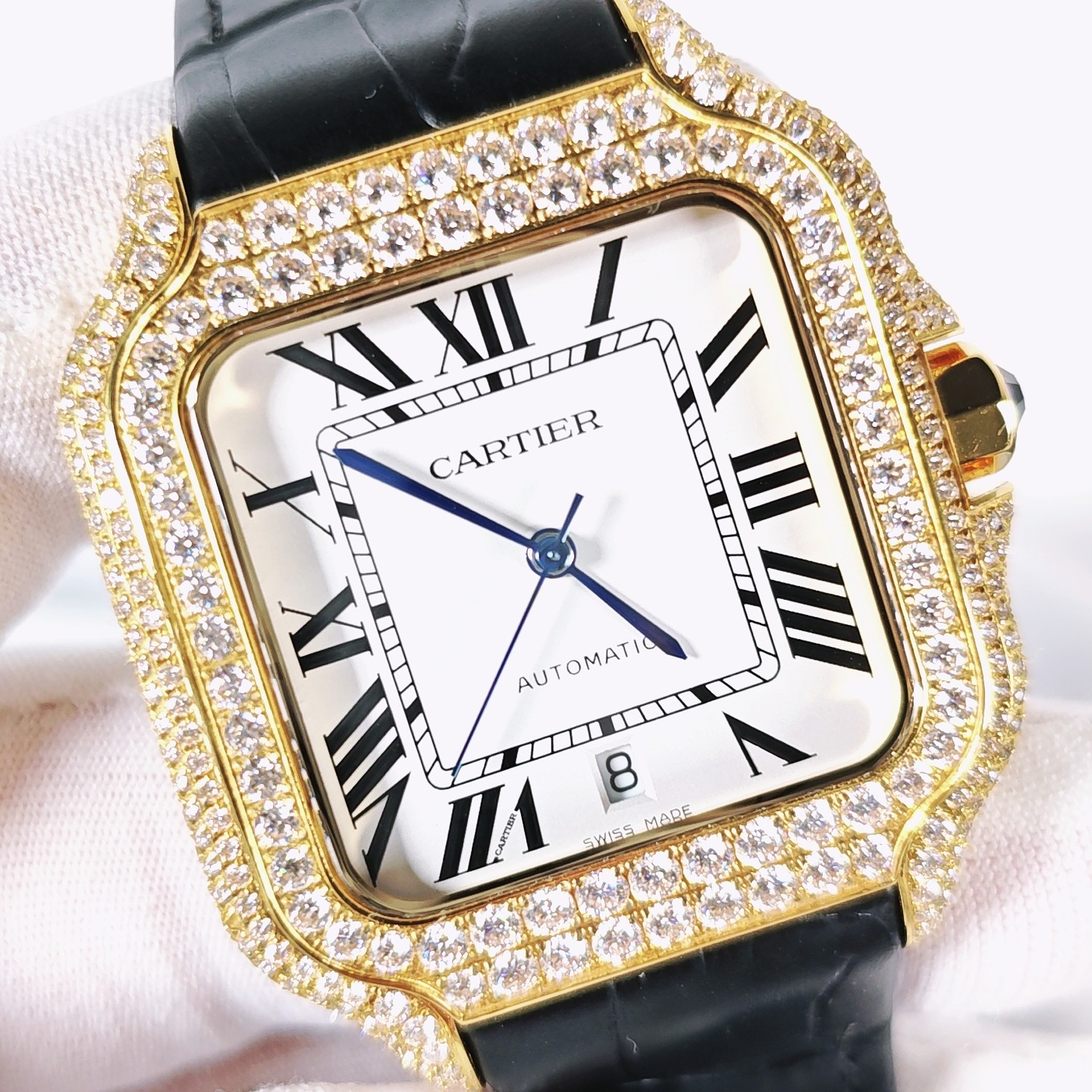 カーティエ コピー 時計 サントス ドゥ カルティエ 滿天星 メンズ ブラック レザー ベルト 40mm - 画像 3