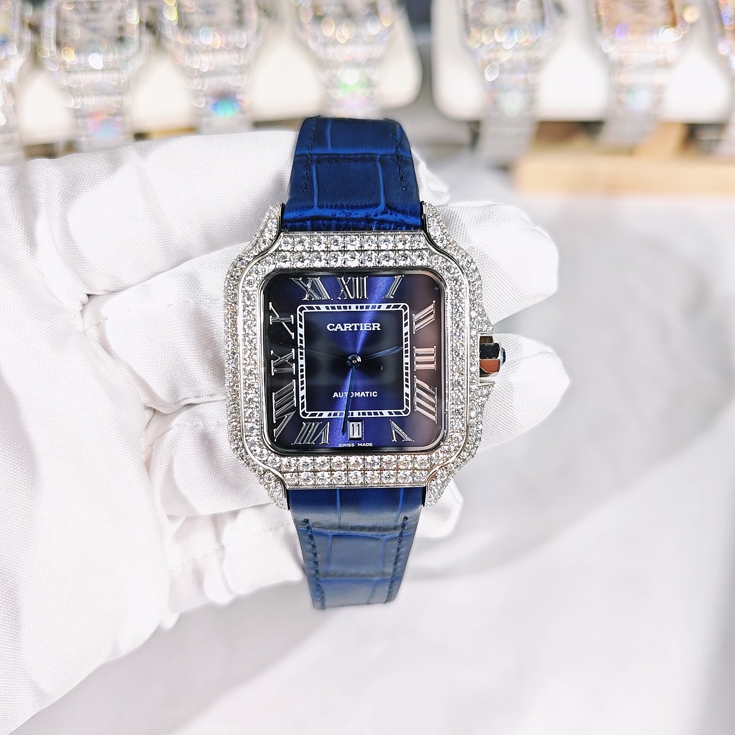 CARTIER カルティエ スーパーコピー 時計 メンズ ブラック ブルーダイヤモンド ミルグレイン デザイン 40mm ブルーレザーベルト