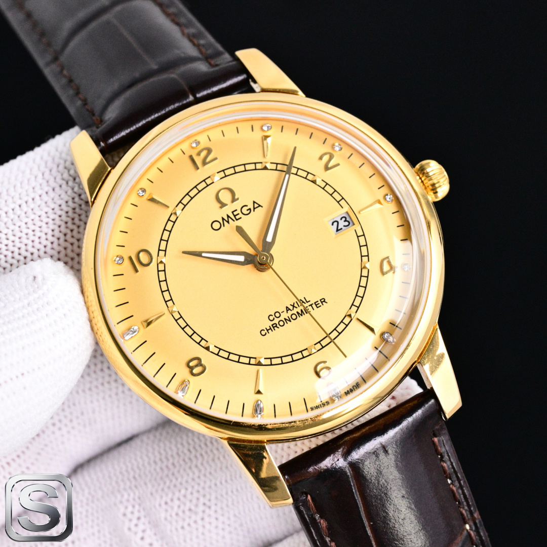 OMEGA コピー 時計 メンズ ゴールド シャンパン文字盤 オートマチック レザーベルト