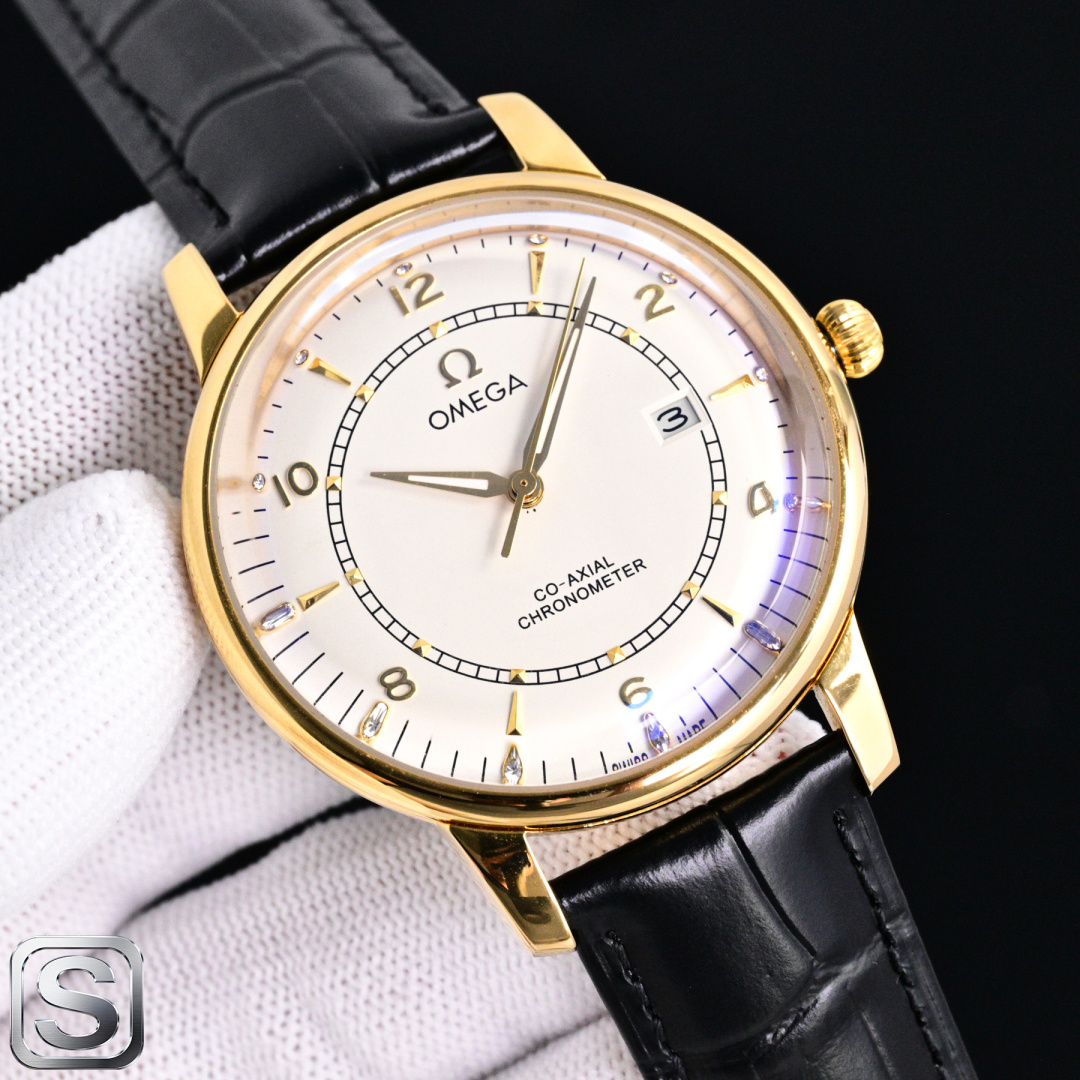 OMEGA オメガ 時計 コピー 金ベゼル 白文字盤 メンズ 42mm ロレックス風 ロゴ入り