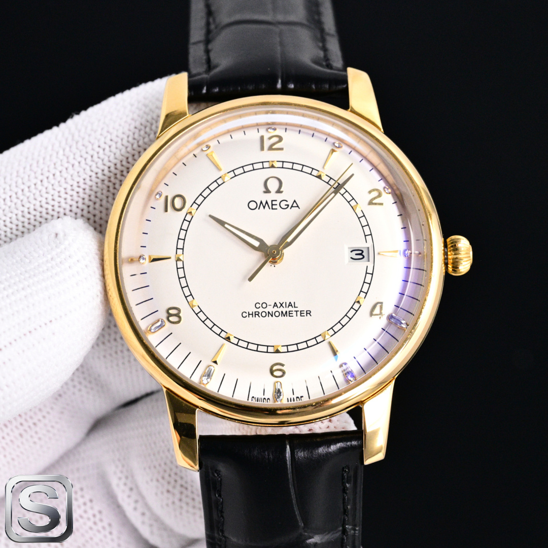 OMEGA オメガ 時計 コピー 金ベゼル 白文字盤 メンズ 42mm ロレックス風 ロゴ入り - 画像 2