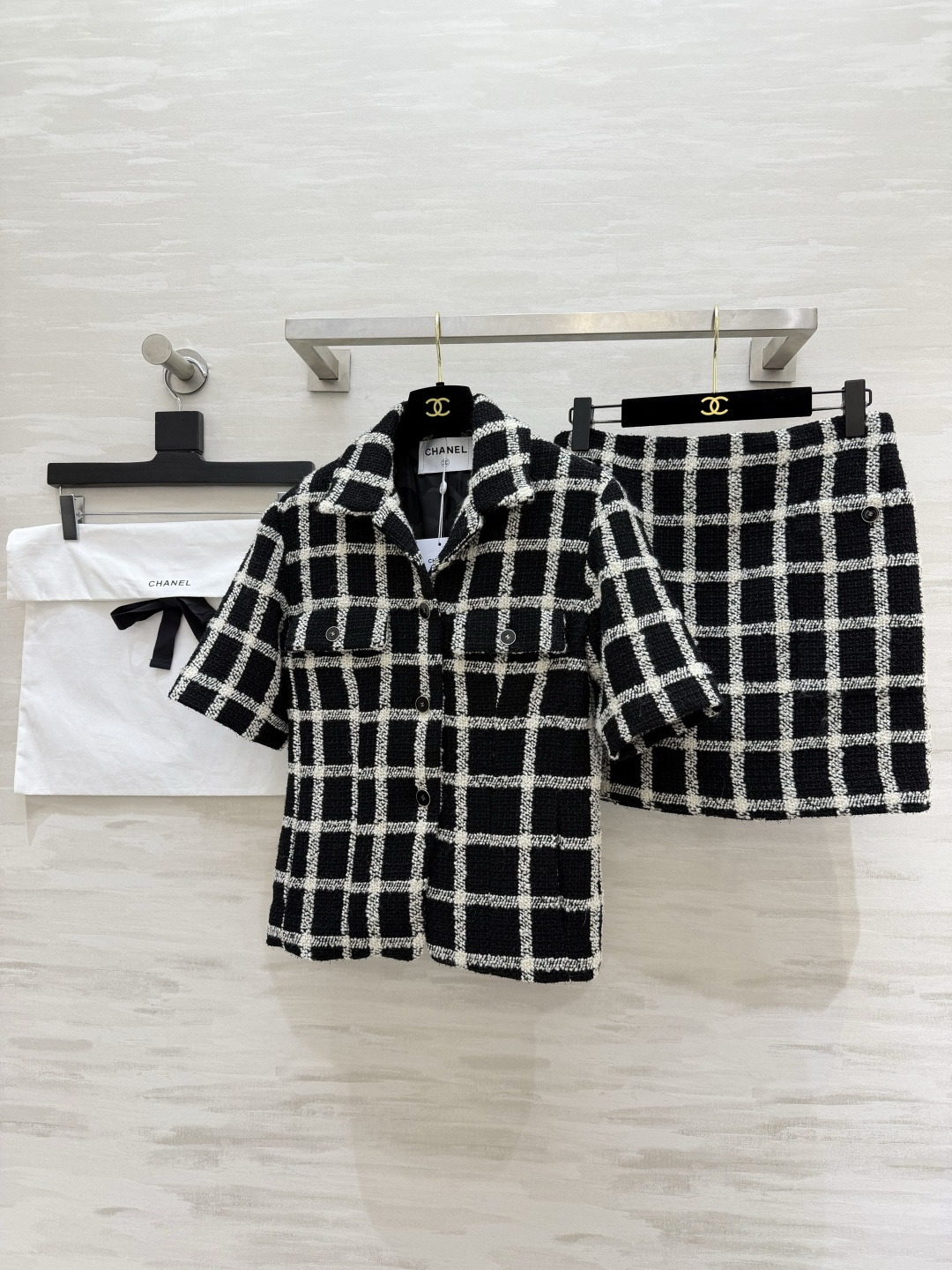Chane♡²⁶ コピー ブラック レディース チェック柄 ショートジャケット+ハイウエストスカート セットアップ ニット素材 通勤