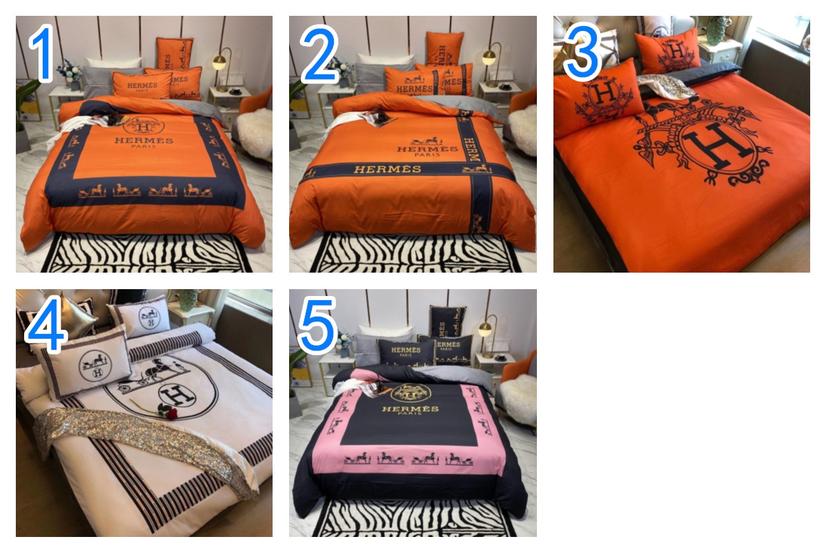 綿生地　エルメス　HERMES　掛け布団カバーセット4点　ダブルサイズ/キングサイズ すべすべベッドカバー　5色 - 画像 1
