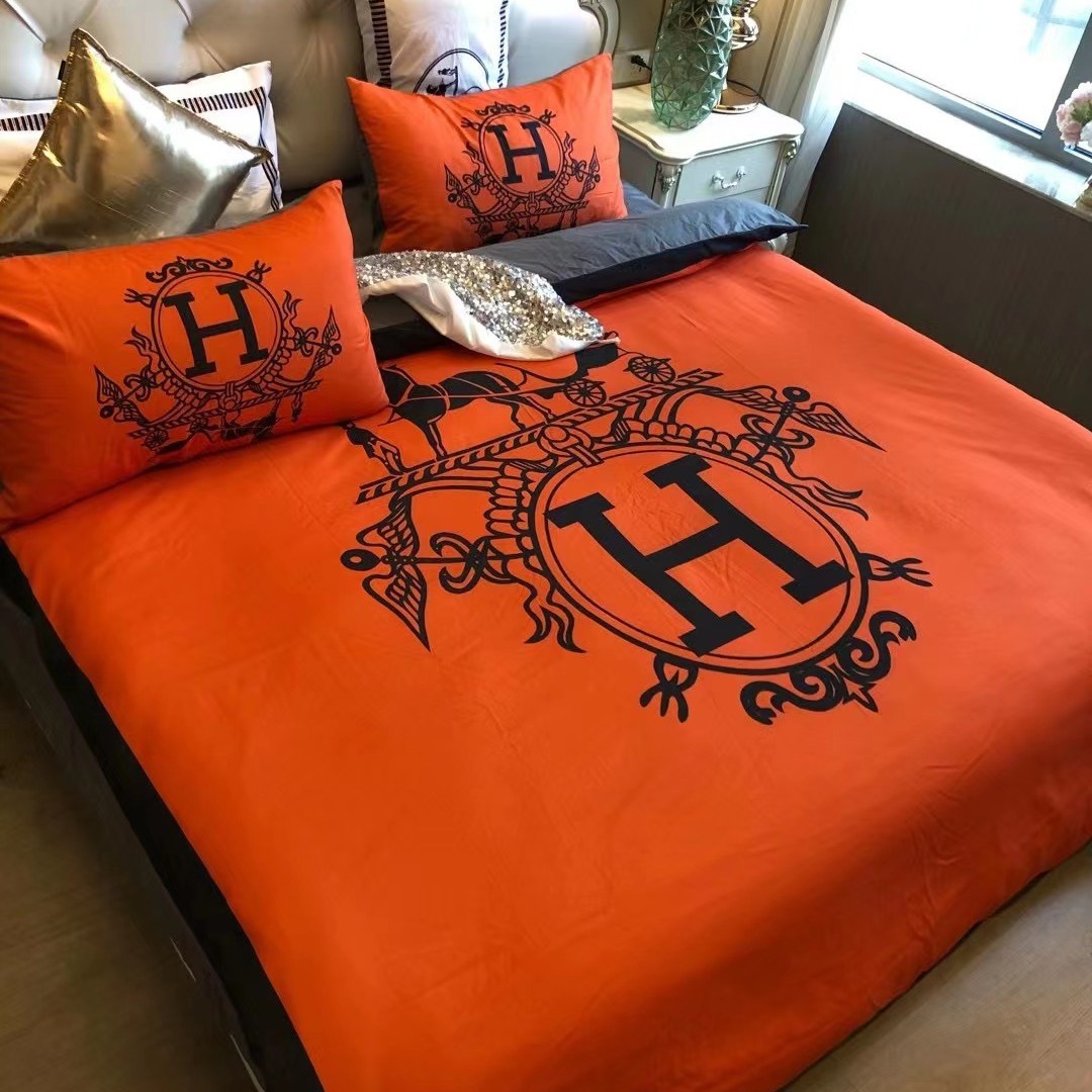 綿生地　エルメス　HERMES　掛け布団カバーセット4点　ダブルサイズ/キングサイズ すべすべベッドカバー　5色 - 画像 4
