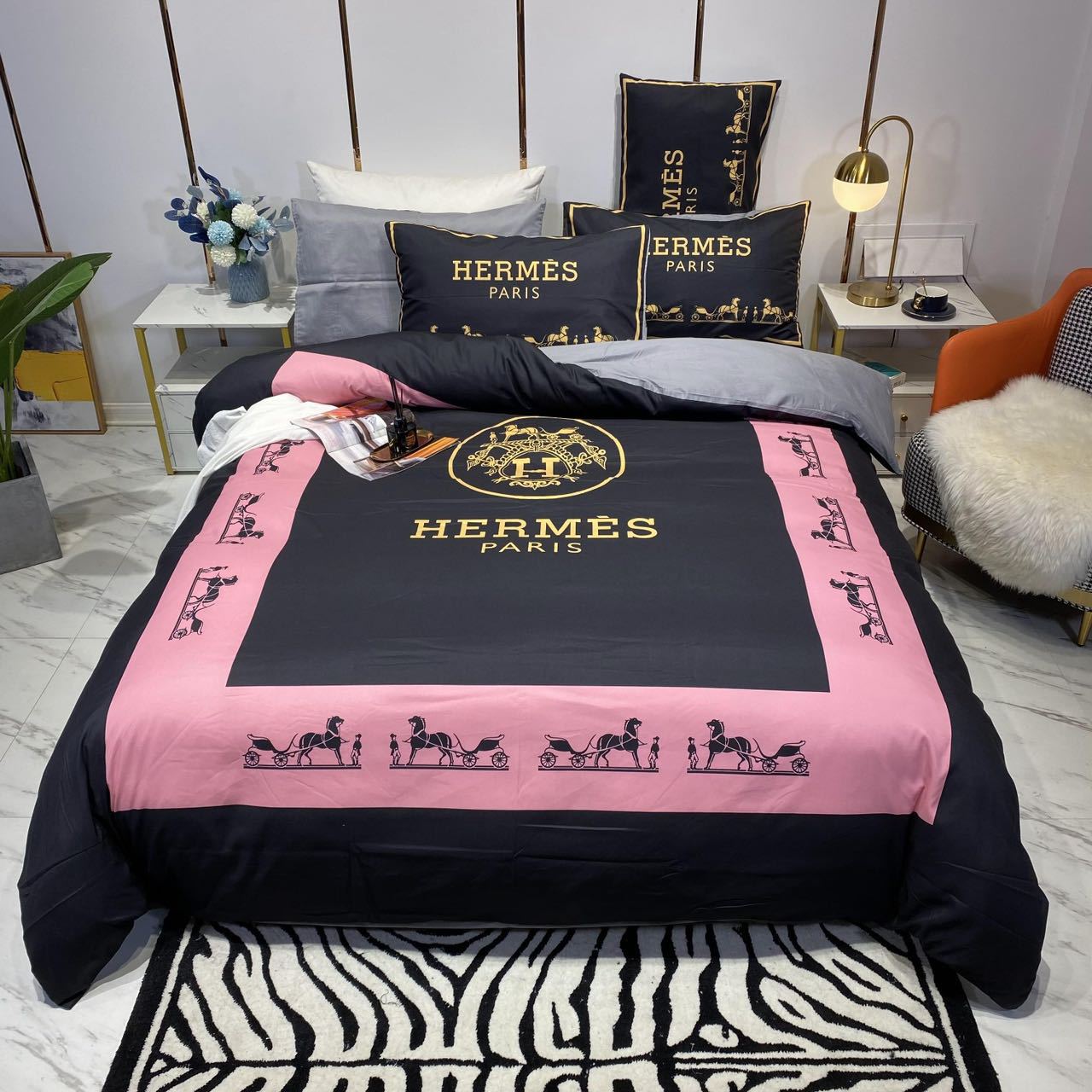 綿生地　エルメス　HERMES　掛け布団カバーセット4点　ダブルサイズ/キングサイズ すべすべベッドカバー　5色 - 画像 6