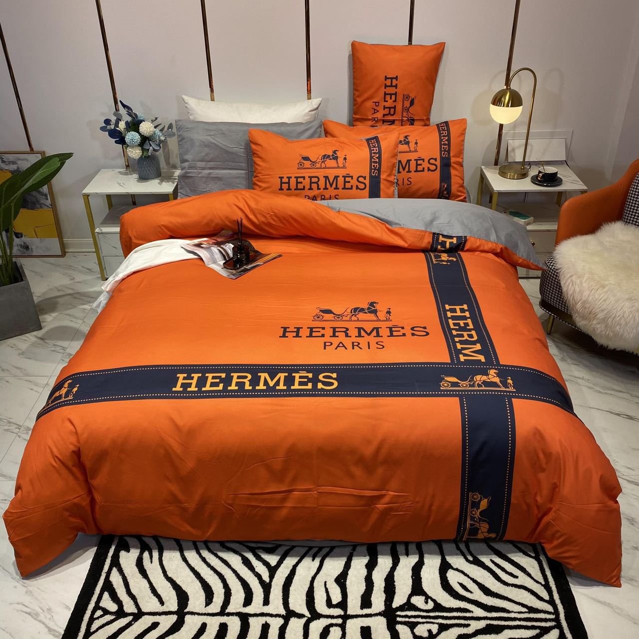 綿生地　エルメス　HERMES　掛け布団カバーセット4点　ダブルサイズ/キングサイズ すべすべベッドカバー　5色 - 画像 3