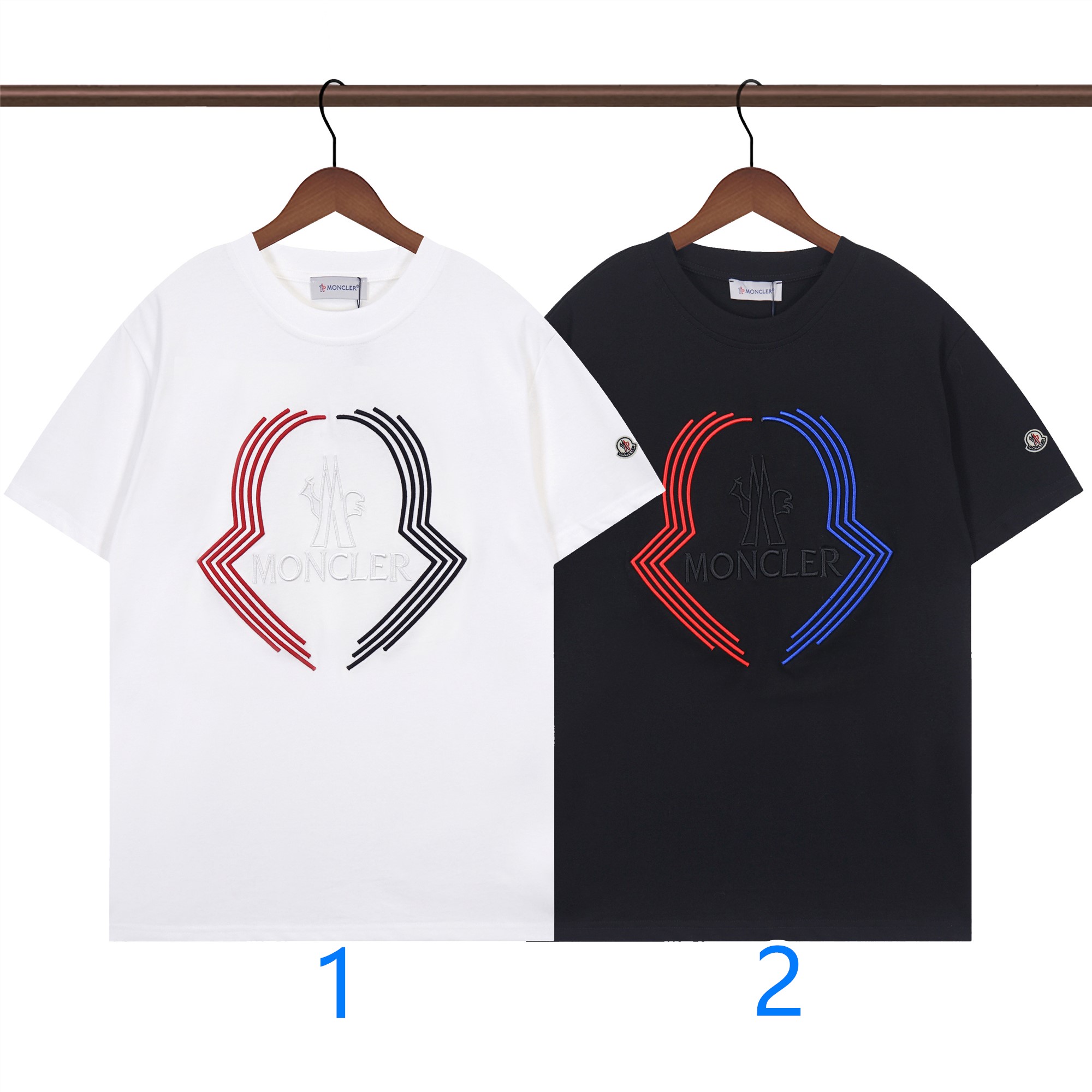 モンクレール　MONCLER　クルーネックシャツ　半袖シャツ　プリントシャツ　ブラック　ホワイト　男女兼用シャツ　刺繍　2色