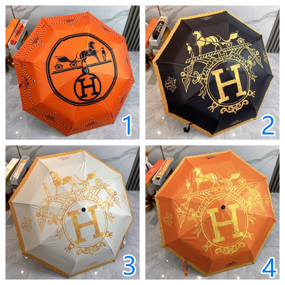 HERMES　エルメス　折りたたみ傘　ワンタッチ開閉かさ　アンブレラ　日傘UVカット　晴雨兼用傘　持ちやすい便利　おしゃれ4種