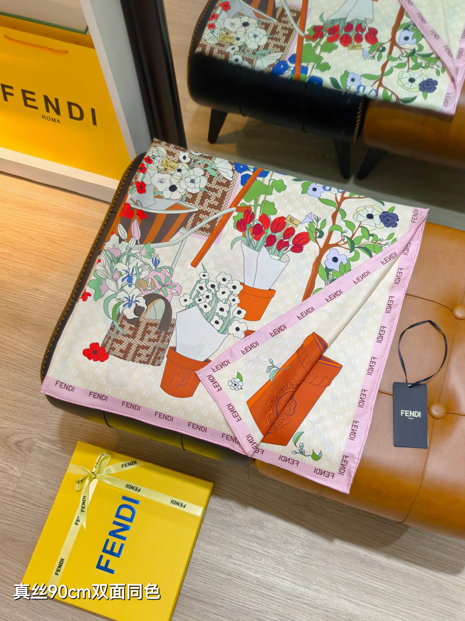 FENDI フェンディ 90cm正方形スカーフ 真丝双面同色 多色展開 - 画像 8