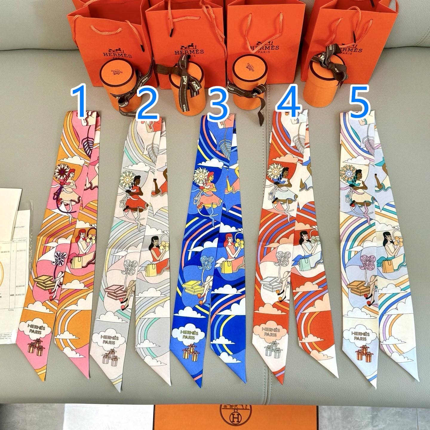 エルメス　Hermes　Twilly　ツイリー　スカーフ　おしゃれレディーススカーフ　Scarf　多用途ツイリー　細長スカーフ　5点