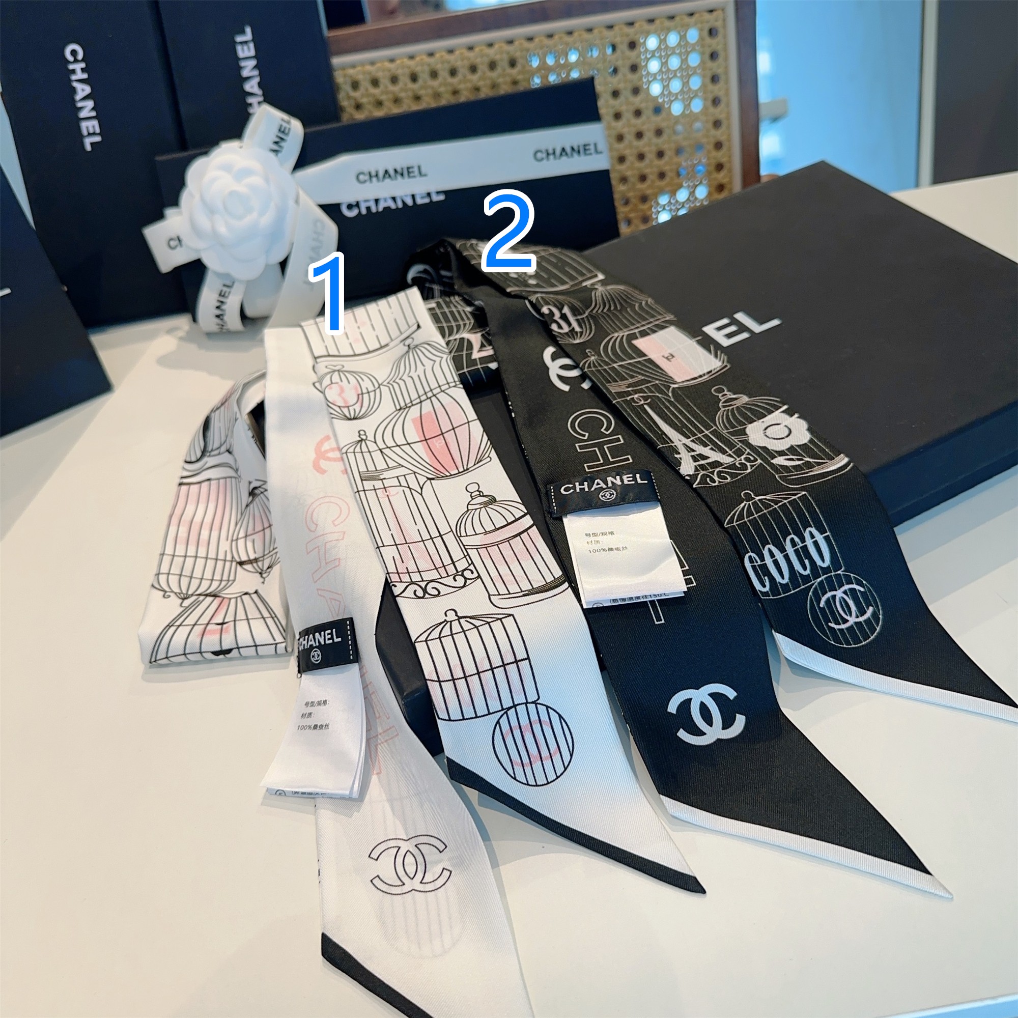 シャネル　CHANEL　合わせやすい　細長スカーフ　ツイリー　レディース　オシャレバッグ用スカーフ　ココマーク　多用途スカーフ　2色
