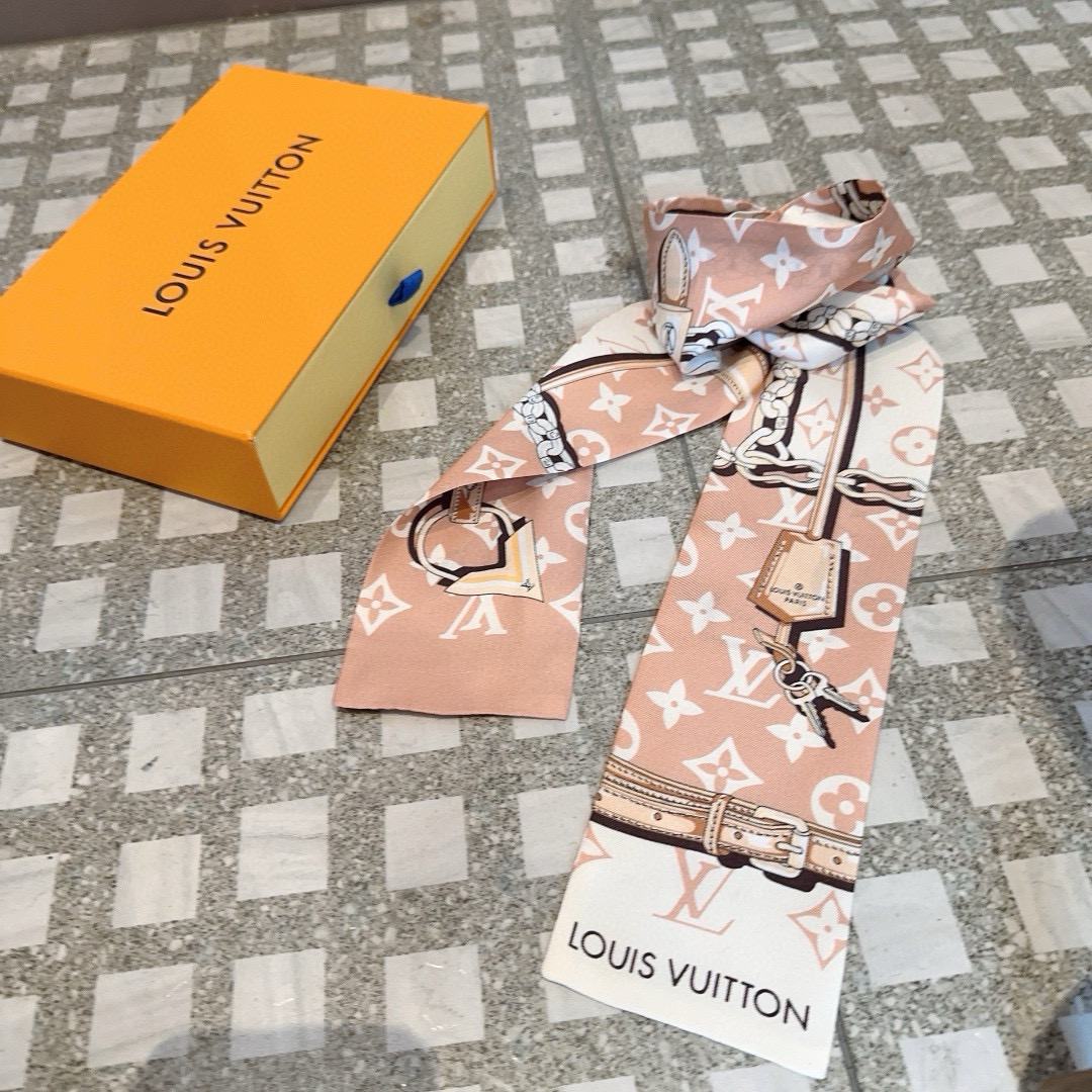 大人かわいいコーデにぴったり♪　LOUIS VUITTON　ルイヴィトン　バンドー　ピンク　ハンドル　モノグラム　 細長リボンスカーフ　ツイリースカーフ