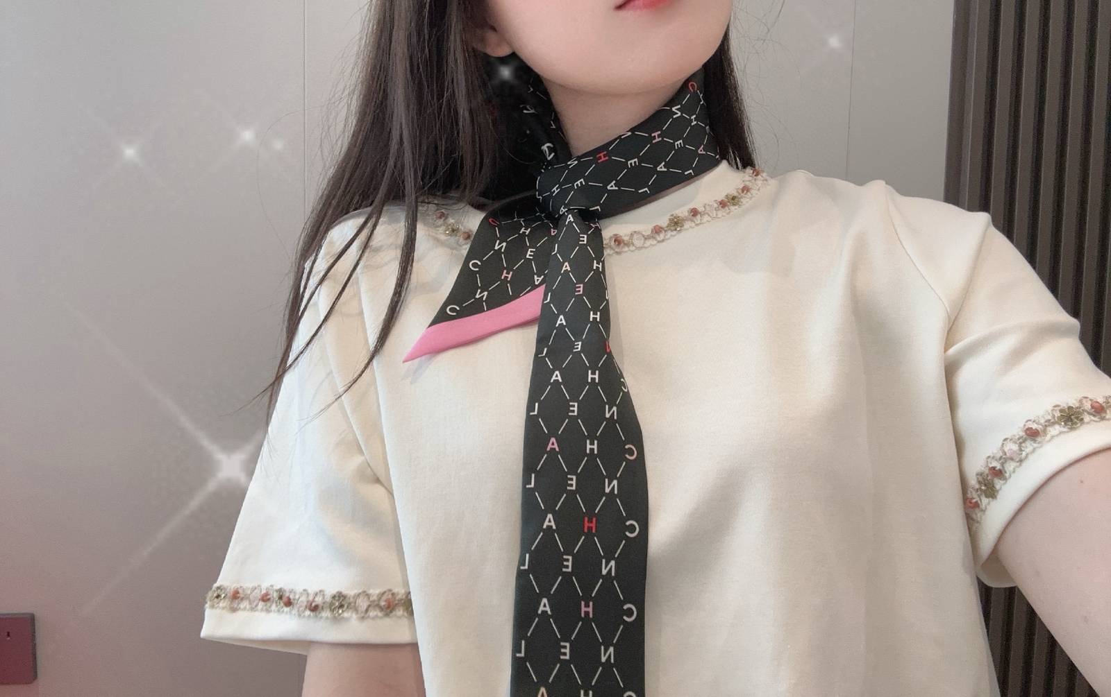 CHANEL シャネル ロゴ柄 ネックタイスカーフ 四葉草 アルファベット柄 2色 - 画像 10
