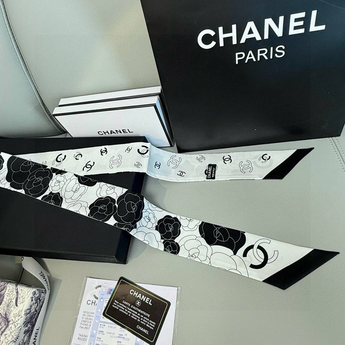 CHANEL シャネル ロゴカメリア柄 ロングリボン ブラック ホワイト - 画像 2
