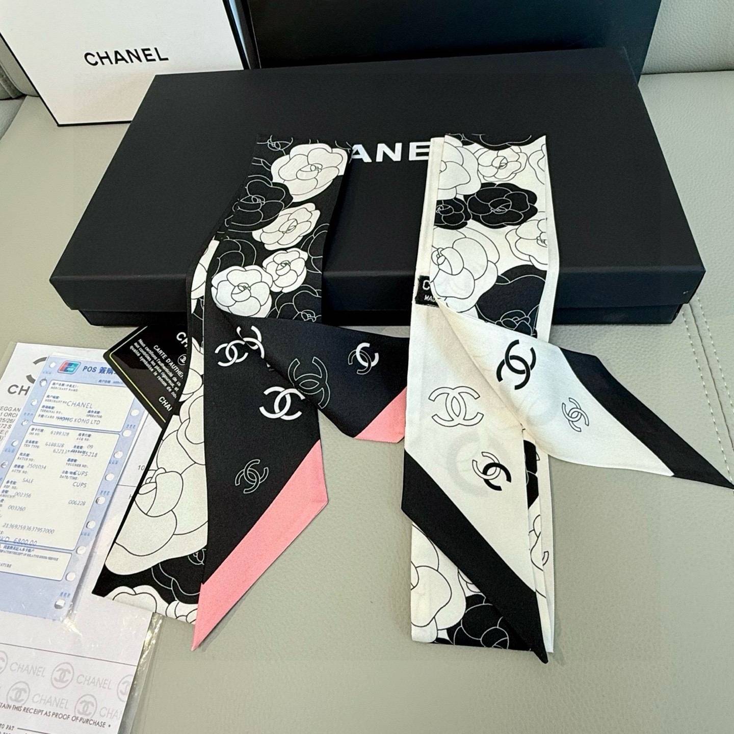 CHANEL シャネル ロゴカメリア柄 ロングリボン ブラック ホワイト - 画像 3