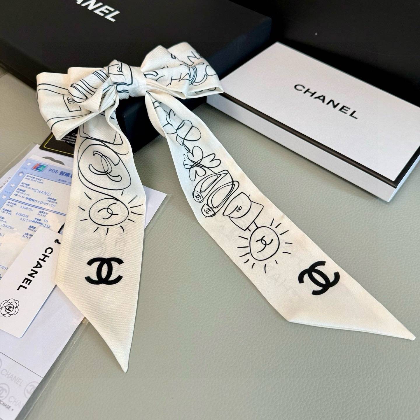 CHANEL シャネル ロゴカメリア柄 ロングリボン ブラック ホワイト - 画像 7