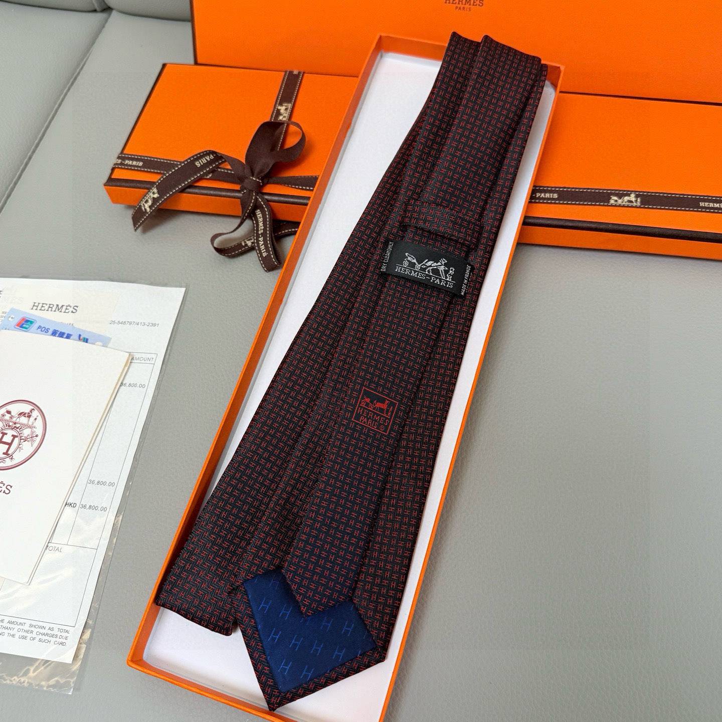 HERMS エルメス ネクタイ H柄 シルク 深青 赤 - 画像 12