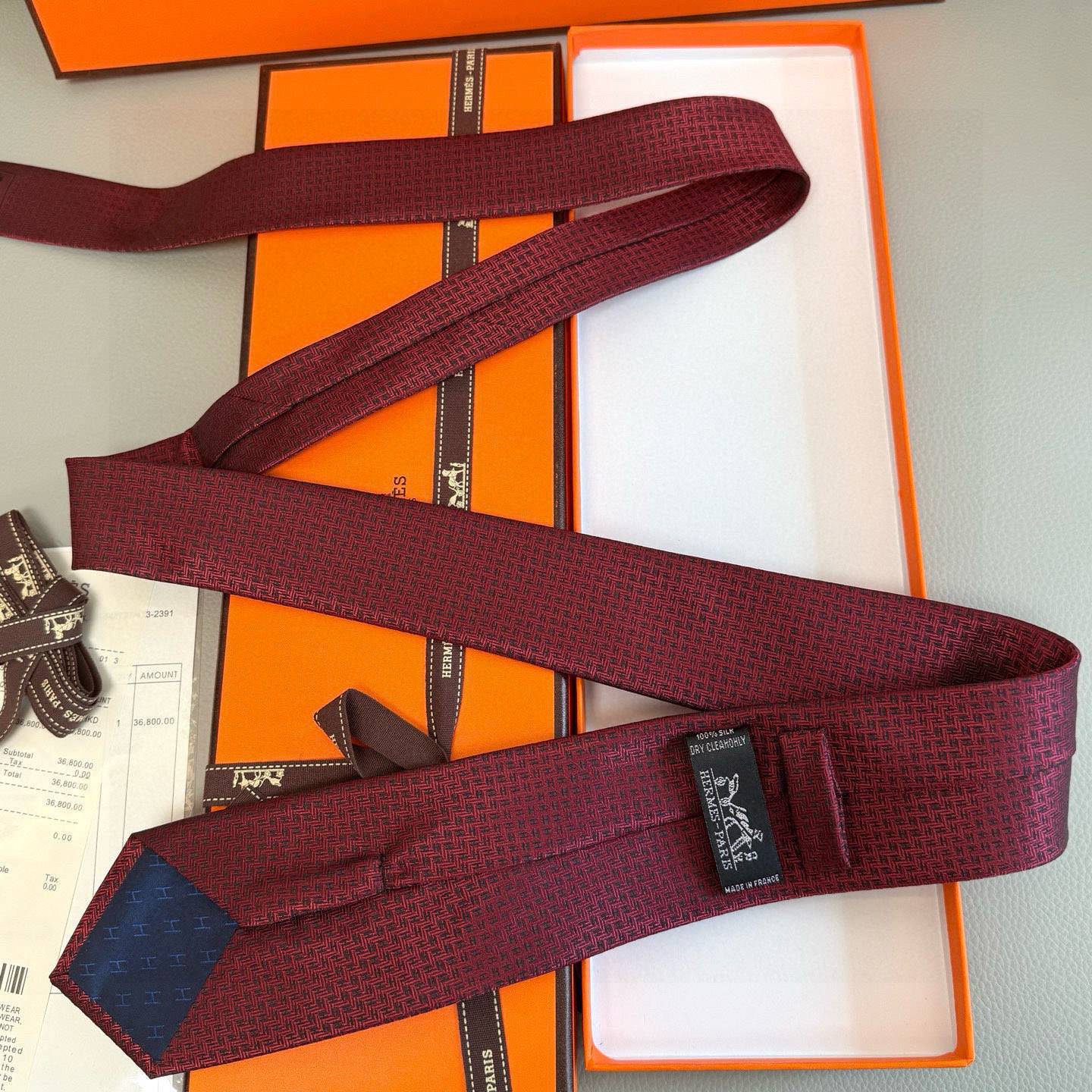 HERMES エルメス ネクタイ 100 シルク 手縫い 幾何柄 酒赤 - 画像 2