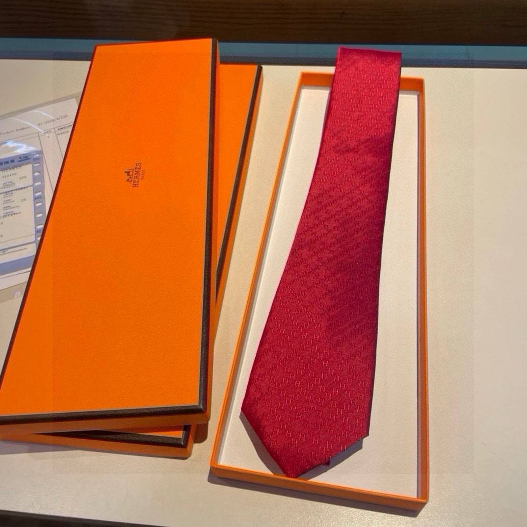 HERMES エルメス シルク ネクタイ H モノグラム 光沢 レッド - 画像 3