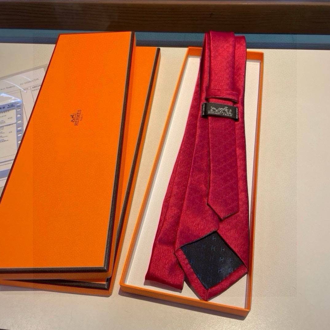 HERMES エルメス シルク ネクタイ H モノグラム 光沢 レッド - 画像 4