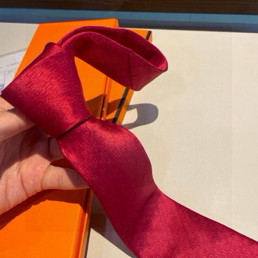 HERMES エルメス シルク ネクタイ H モノグラム 光沢 レッド - 画像 7