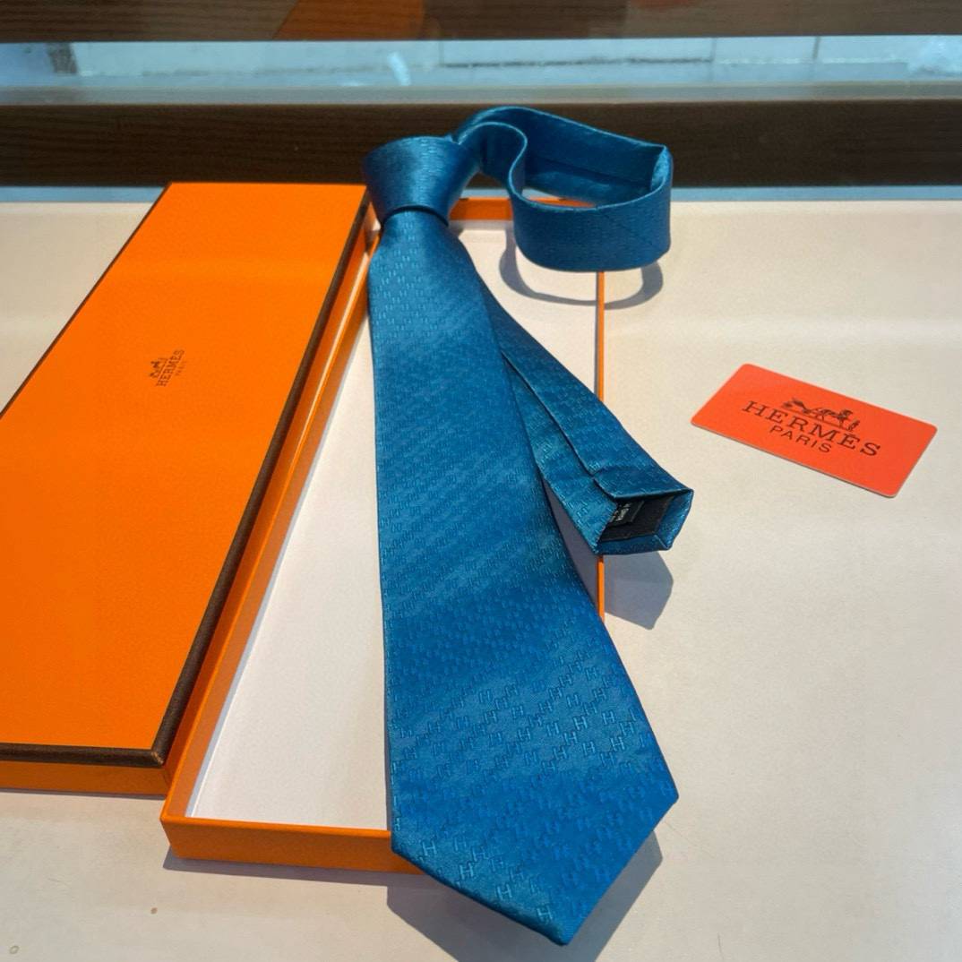 HERMES エルメス ネックタイ Hロゴ柄 織り柄 ブルー - 画像 3