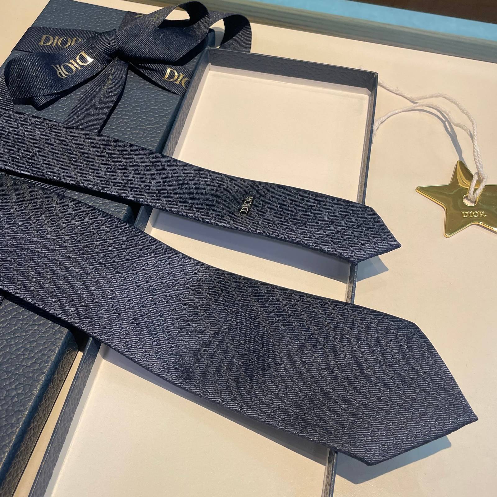 DIOR ディオール シルク調ネクタイ パッチワーク柄 ブルー
