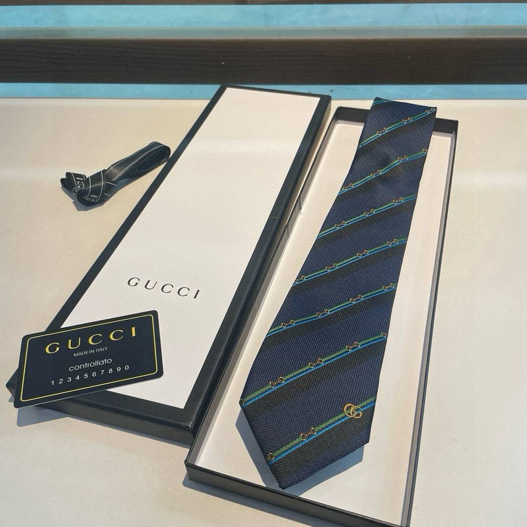 GUCCI グッチ GG 柄 シルク ネクタイ ネイビー レザー製ネクタイピン付 - 画像 16