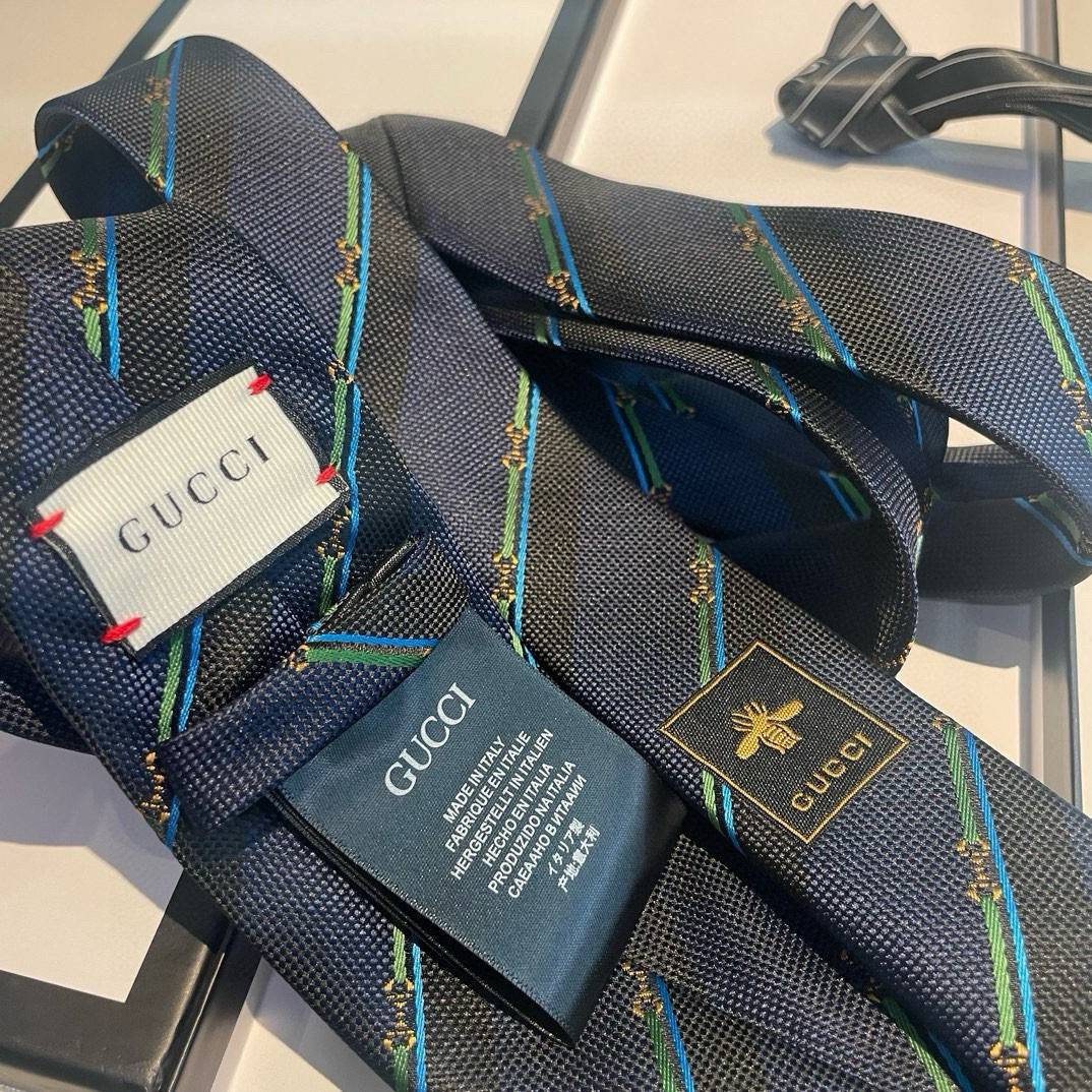 GUCCI グッチ ネクタイ シルク ストライプ ビーモチーフ ネイビー - 画像 3