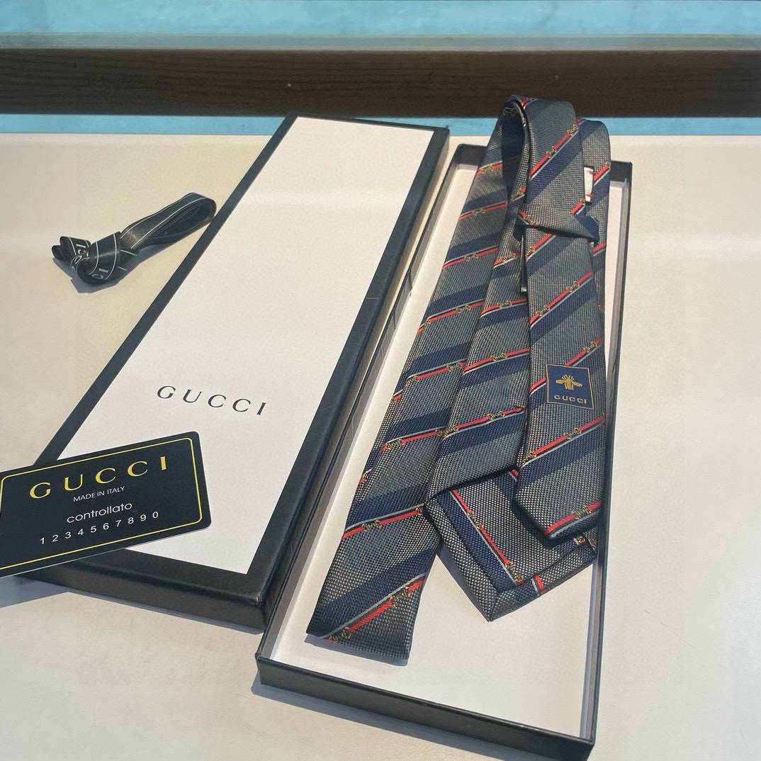 GUCCI グッチ シルク ネクタイ ビーモチーフ ストライプ ネイビー - 画像 1