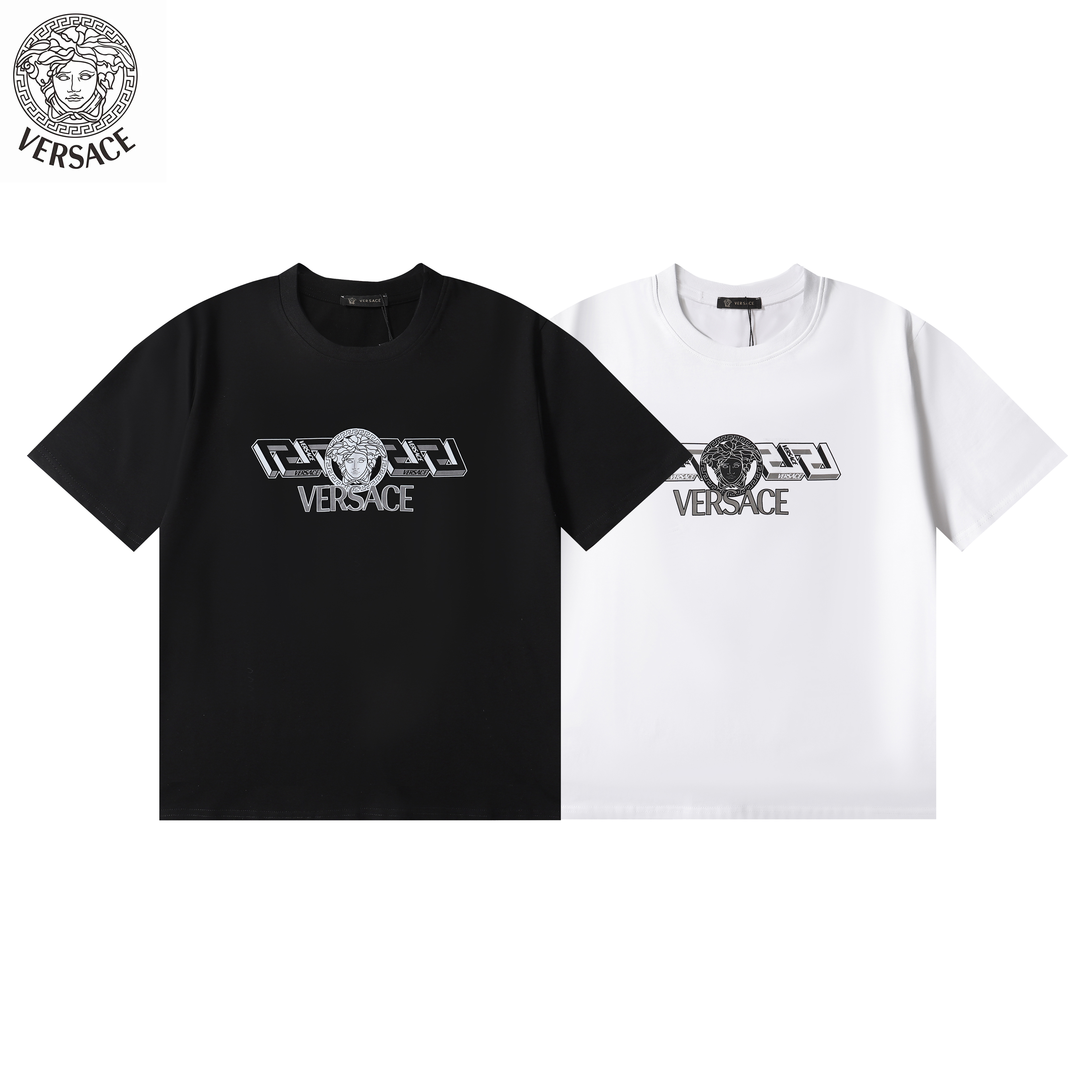 ヴェルサーチ　Tシャツ　半袖　ブラック　ホワイト　 Versace　プリントシャツ　クルーネック　メンズシャツ　T-shirt　2色