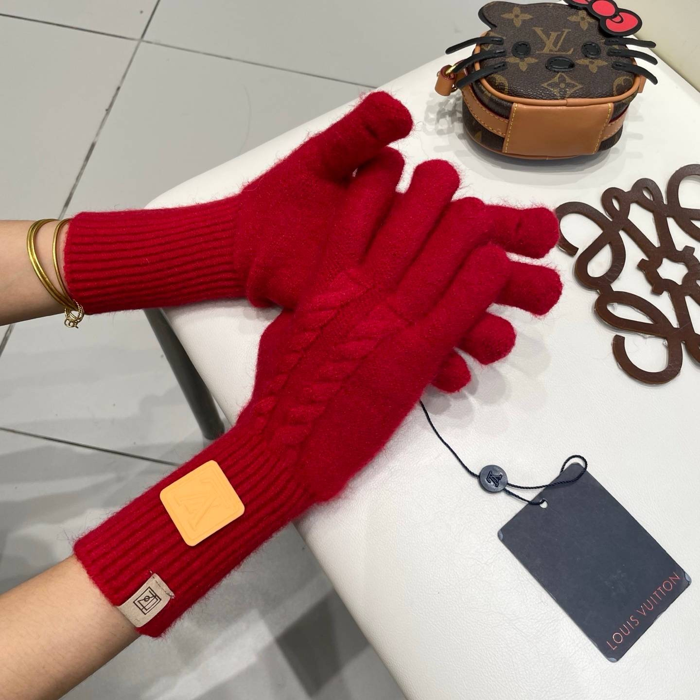 LV ルイヴィトン ニット手袋 本革 タッチパネル対応 保温 おしゃれ ブラック - 画像 7