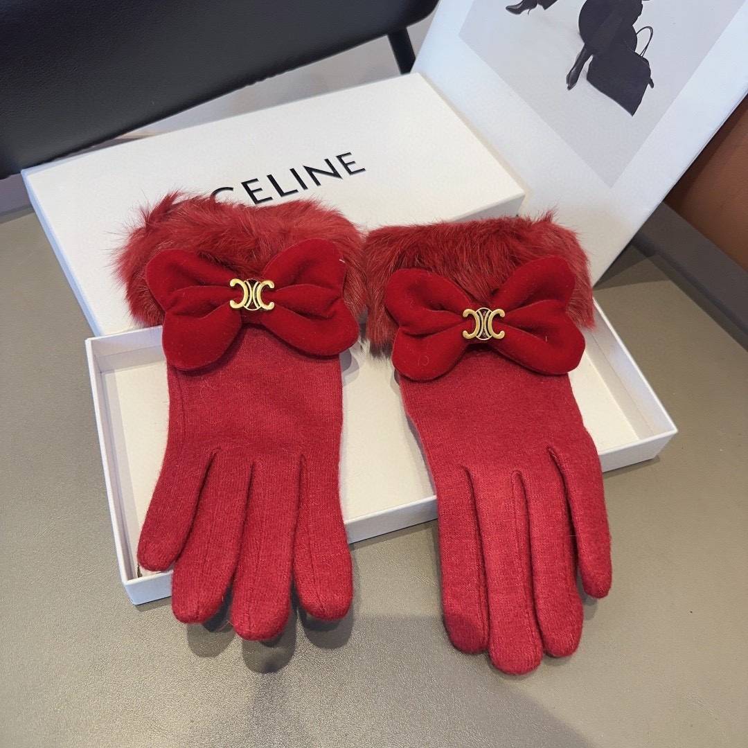 Celine セリーヌ 革手袋 レディース 防寒 通勤 ギフト フェイクファー付き レッド - 画像 2