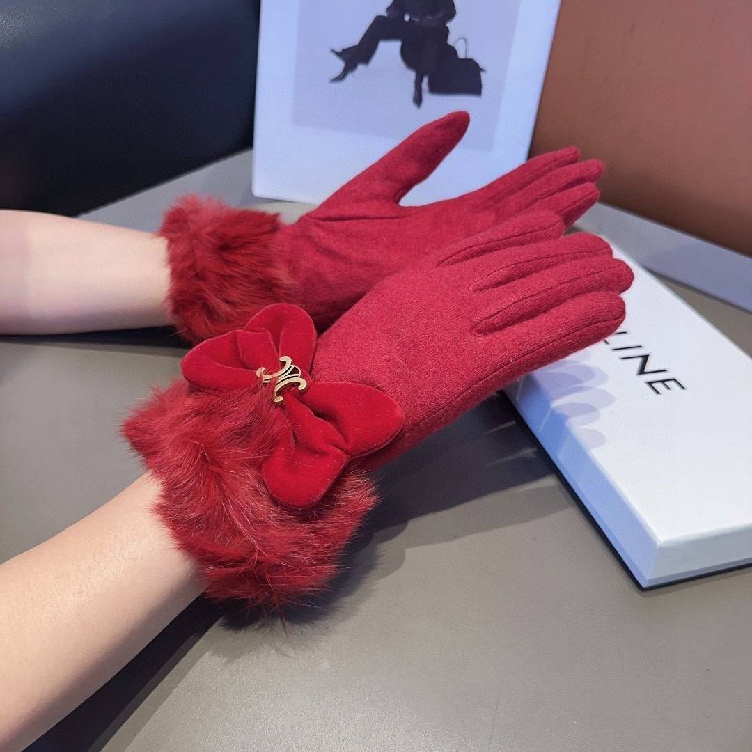 Celine セリーヌ 革手袋 レディース 防寒 通勤 ギフト フェイクファー付き レッド - 画像 3