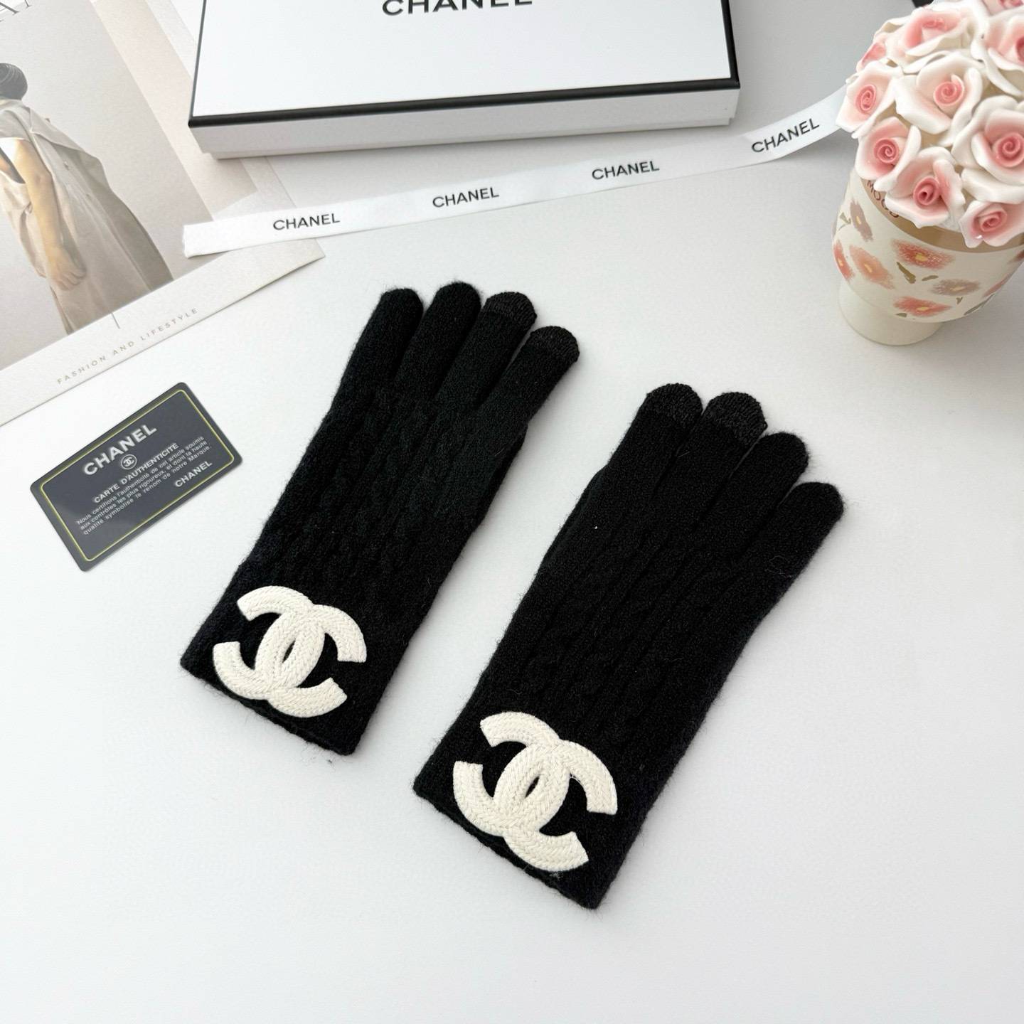 CHANEL シャネル 手袋 グローブ カシミアニット 編み込み 防寒 保温 通勤 ギフト ベージュ ブラック - 画像 4
