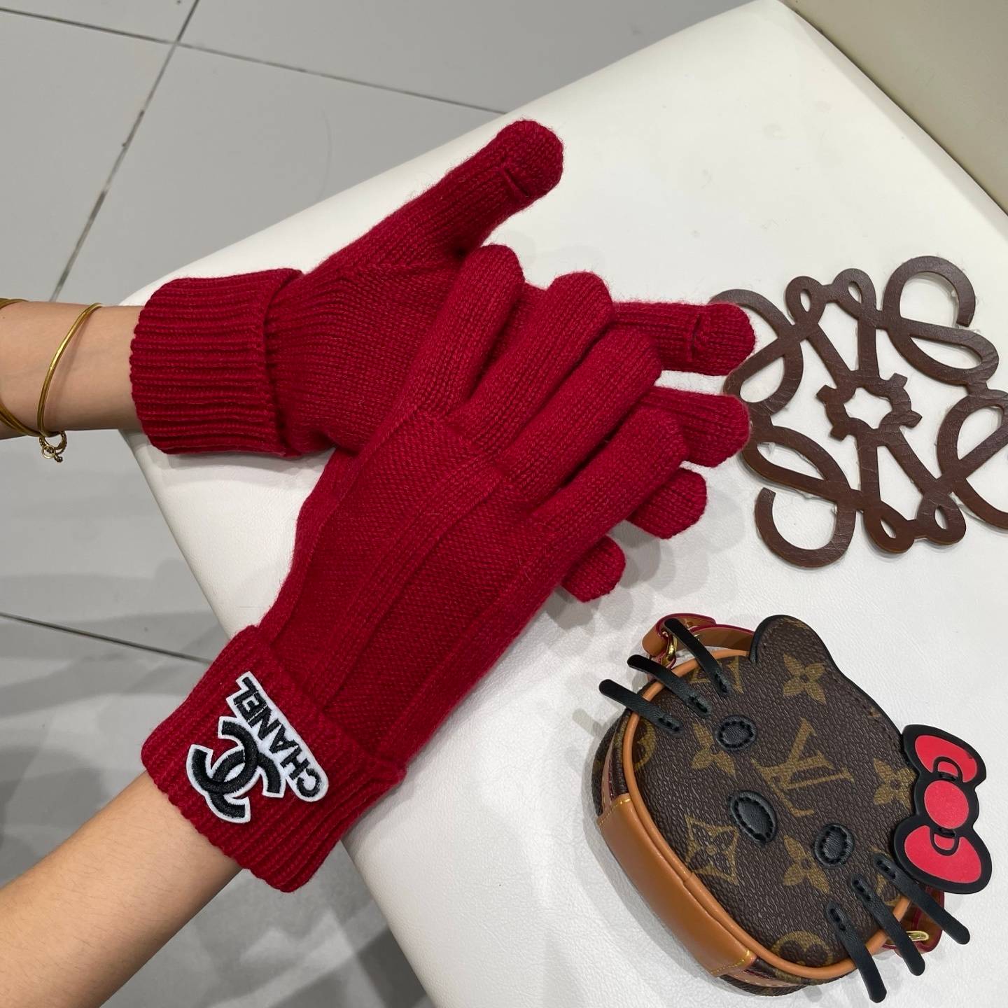 CHANEL シャネル ニット手袋 防寒 通勤 高級 レッド - 画像 3