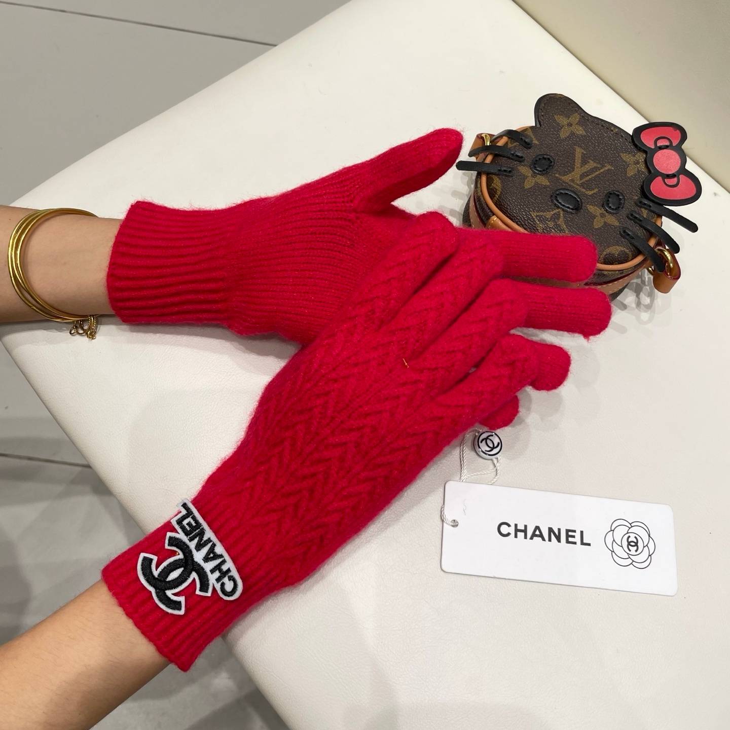 CHANEL シャネル ニット手袋 レディース 高級 防寒 おしゃれ レッド - 画像 3