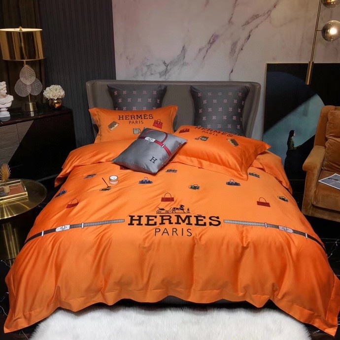 エルメス布団カバーセット刺繍系　4点ベッド寝具セットHERMES　掛け布団カバー/ボックスシーツ　新居用品ゴージャス　オレンジ